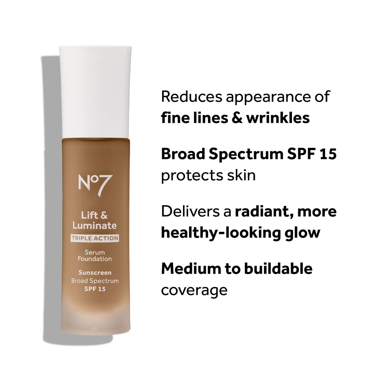 No7 Lift & Luminate Triple Action Serum Foundation - Tawny - Liquid Foundation Makeup with SPF 15 for Dewy, Glowy Base - Radiant Serum Foundation for Mature Skin (30ml)