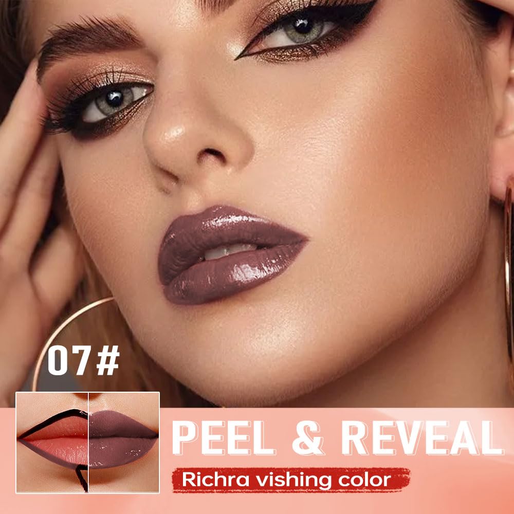 Chocolate Brown Peel Off Lip Gloss Masque,Lip Stain Peel Off Tattoo-Peel Off Lip Tint and Lip Oil 2-in-1,Long Lasting Waterproof Transfer-proof Lip Mask Lip Gloss Peel Off Lip Liner,for AllSkinType07#