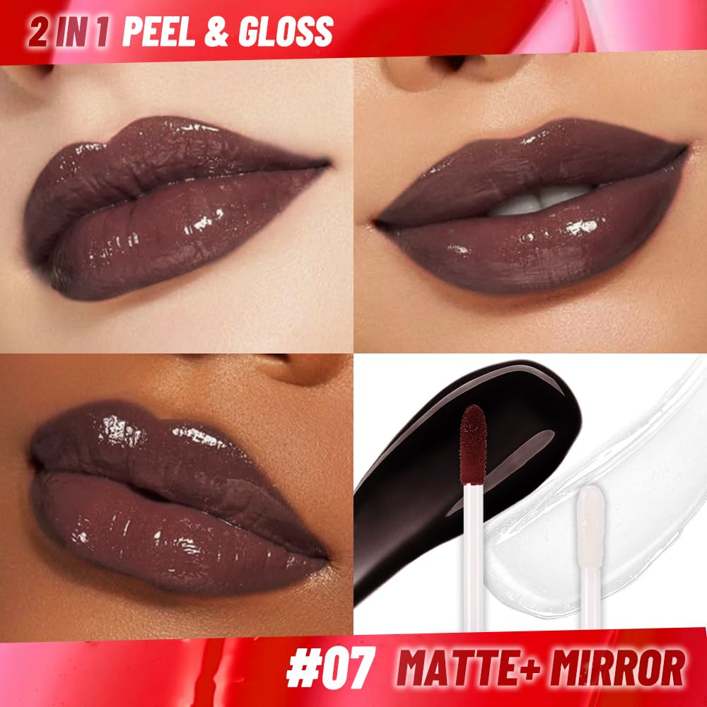 Maroon Lip Stain Peel Off Lip liner and Lip oil with Tweezer, Dual-Ended Peel Off Lip Stain Tattoo, Highly Pigmented Long Lasting Waterproof, Transfer-proof for All Skin Types, 07#