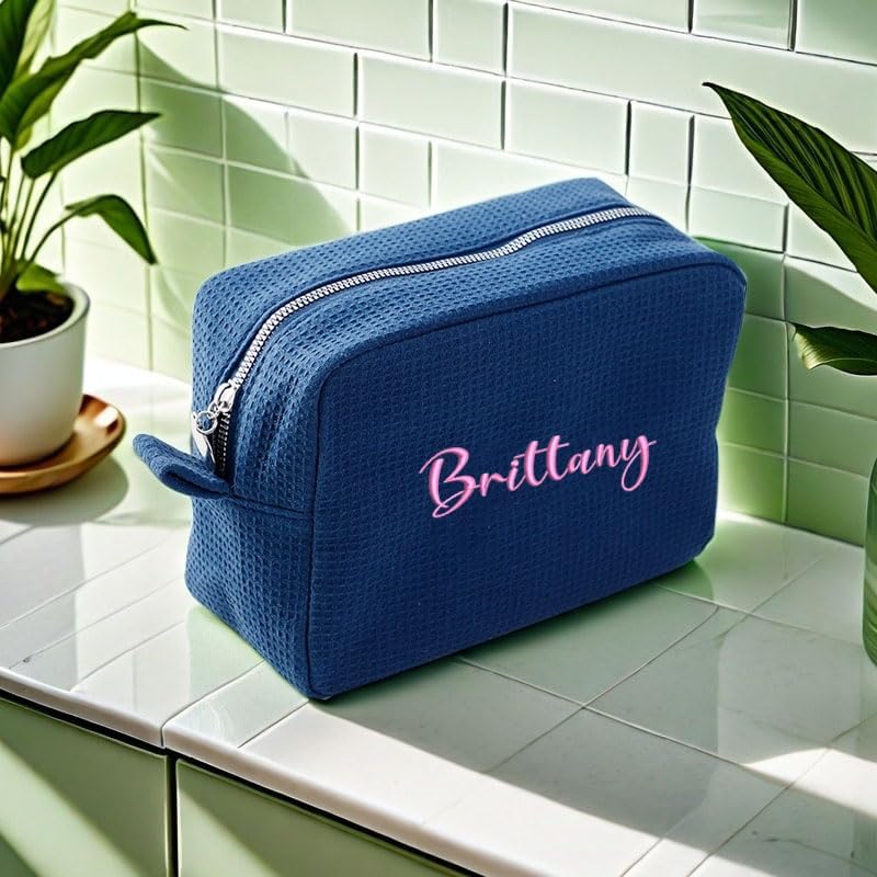 GOPHIE Personalized Embroidered Makeup Bag,Custom Waffle Fabric Cosmetic Pouch for Women, Travel Makeup Pouch (6, Navy Blue)