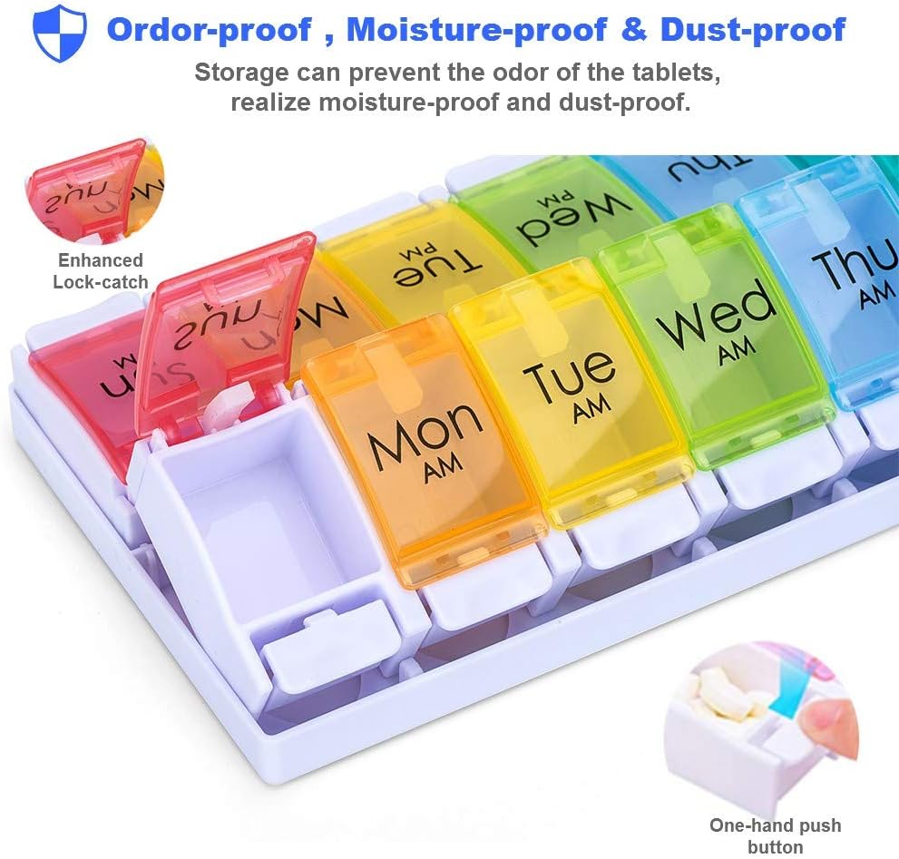 7 Day AM PM Pill Organizer, Moisture-Proof Design and Large Compartments to Hold Vitamins,Fish Oil,Supplements, Weekly Pill Box/Cases, Daily Medicine Dispenser (14 Compartments No Alarm)