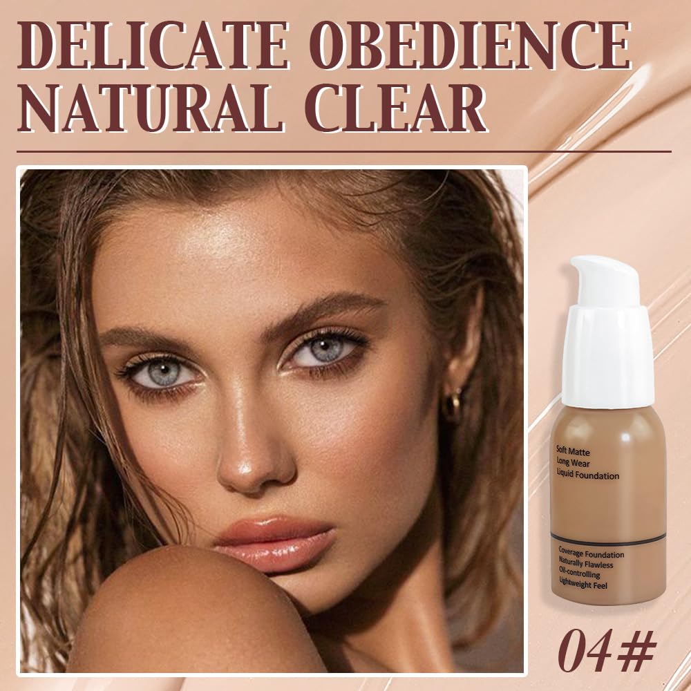 Matte Liquid Full Coverage Foundation, Flawless Soft Matte 24HR Oil Control Full Coverage Foundation Makeup for Women, Long-Lasting Waterproof Full Coverage, 04#Warm Sun (04, Pack of 1)