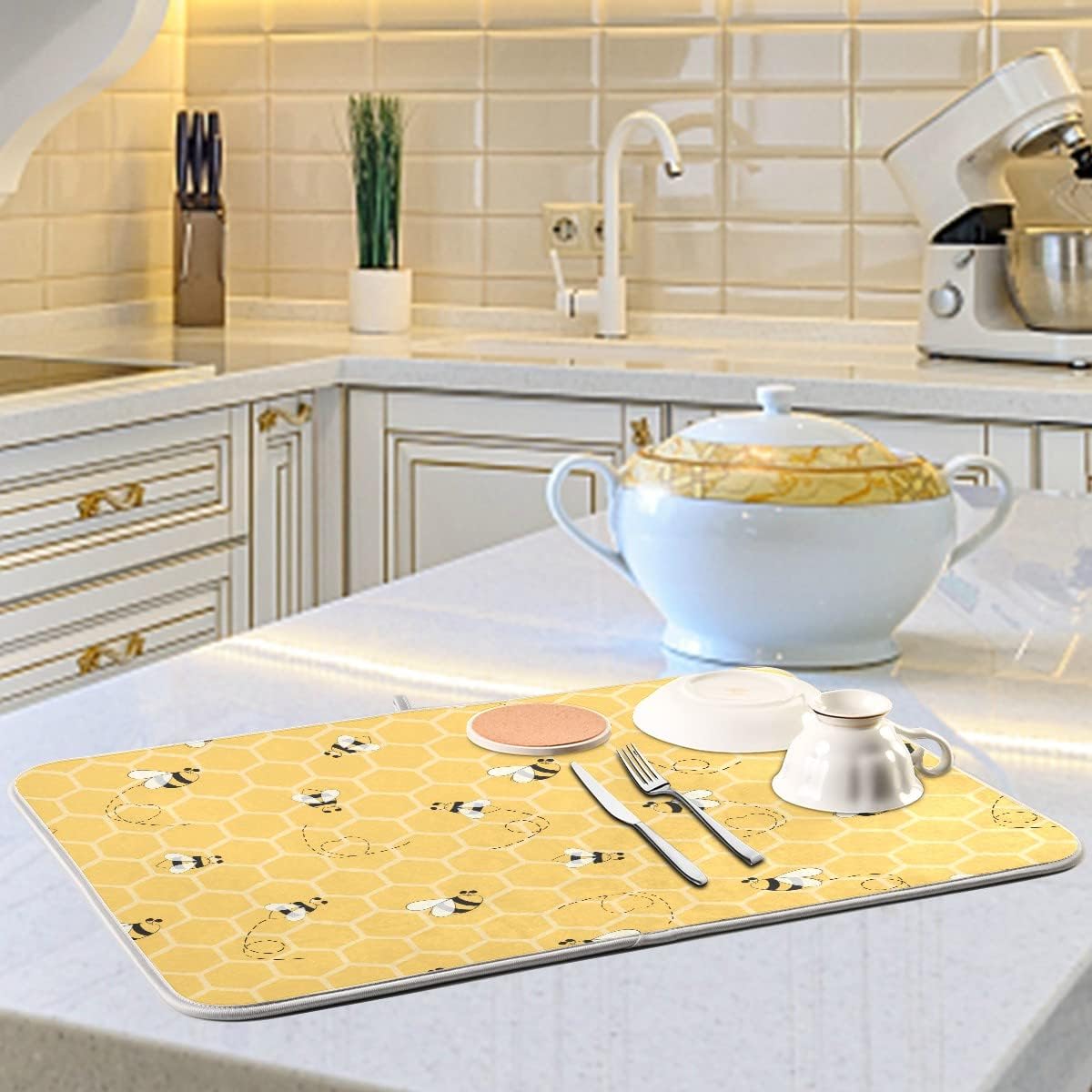 Funny Bees Honey Dish Drying Mat 18x24 for Kitchen Counter Yellow Bumblebee Beehive Dishes Pad Absorbent Fast Dry Dish Draining Mats Large Kitchen Accessories