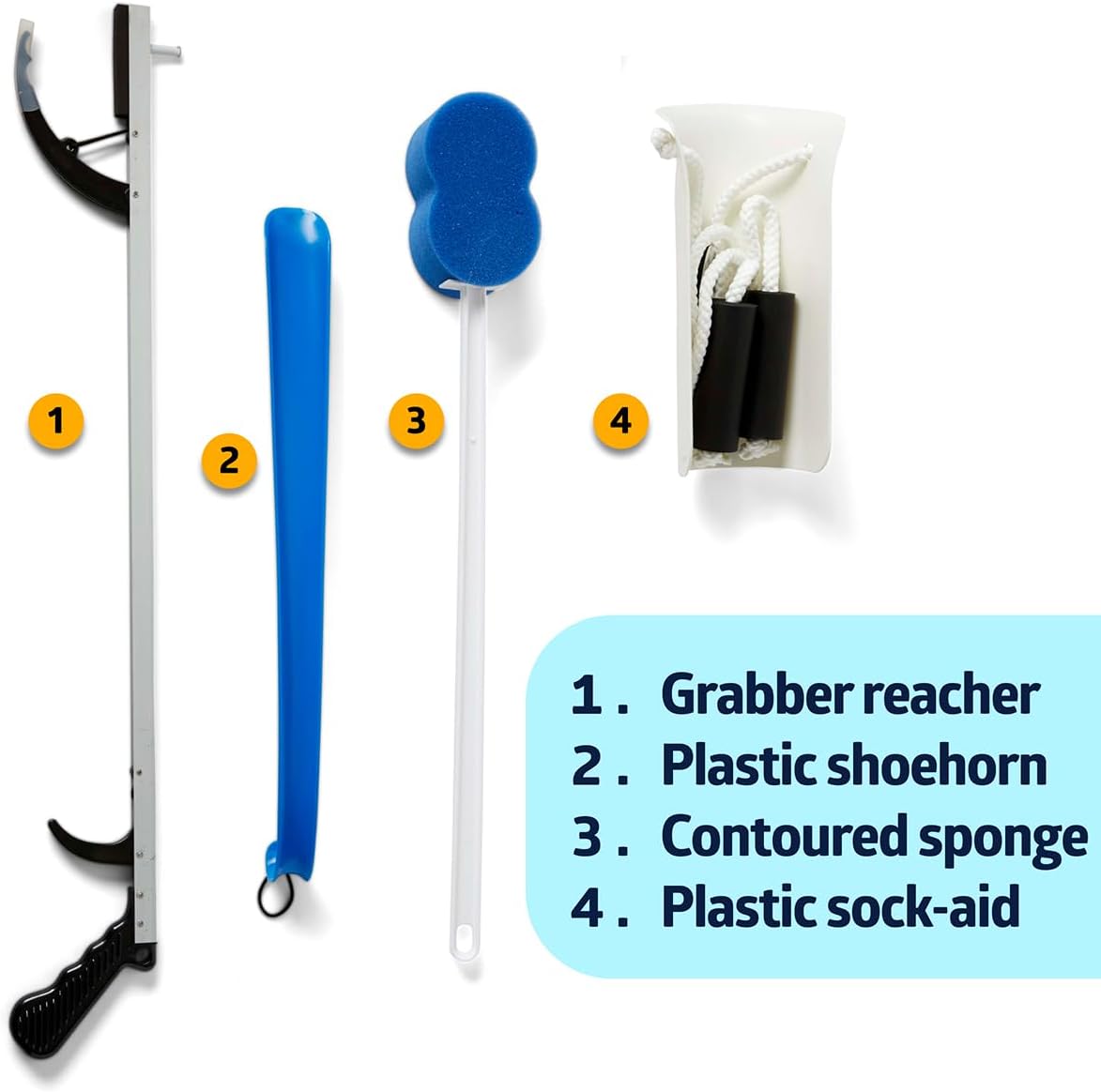 Medline Economy Hip Kit, Mobility Aids Ideal for Hip Surgery Recovery, 4-Pieces, 26" Grabber Reacher, Shoehorn, Sock-Aid, and Contoured Bath Sponge