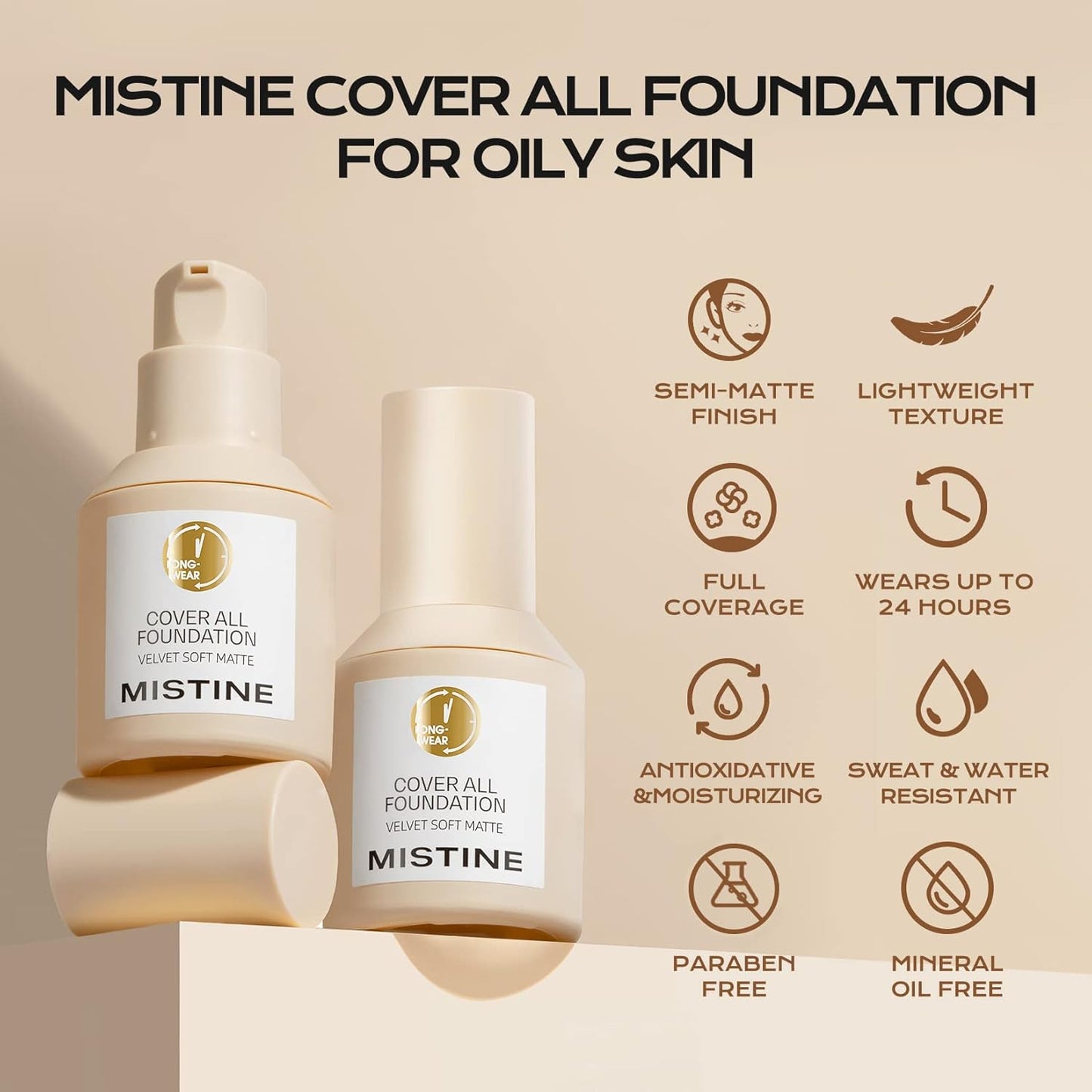 MISTINE Full Coverage Foundation Makeup for Oily Skin,24 Hour Oil Control Liquid Foundation,Skin-Caring,Moisturizing Formula,Cream Foundation,Matte Finish,Mocha,1 Fl Oz