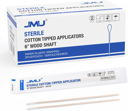 JMU 6 Inch Sterile Cotton Tipped Applicators, 200 Count Long Cotton Swabs, Wood Shaft Medical Swabs