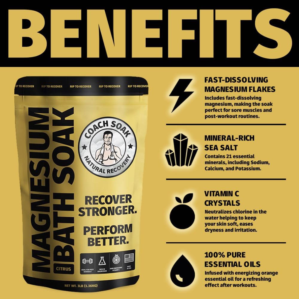 Coach Soak Recovery Bath Soak - Faster Absorption Than Epsom Salt for Pain - Rejuvenating Magnesium Flakes with 21 Minerals, Essential Oils & Bath Salts, 3lbs (Energizing Citrus)