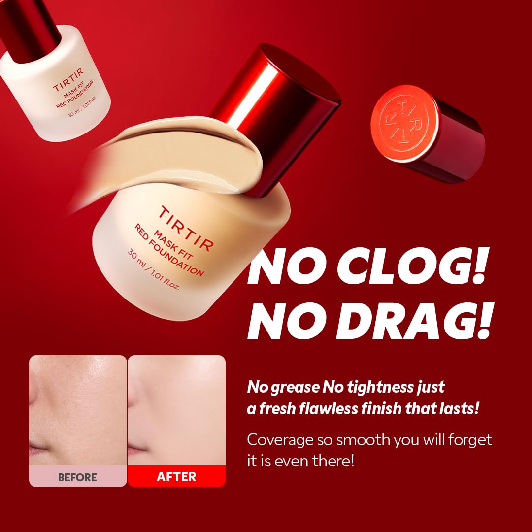 TIRTIR Mask Fit Red FoundationㅣLong Lasting Flawless Coverage, Energy Essence, Lightweight, Hydrating, Pore-Blurring, Breathable Satin Finish, Makeup, Radiant Skin, #51N Fudge, 1.01 Fl Oz