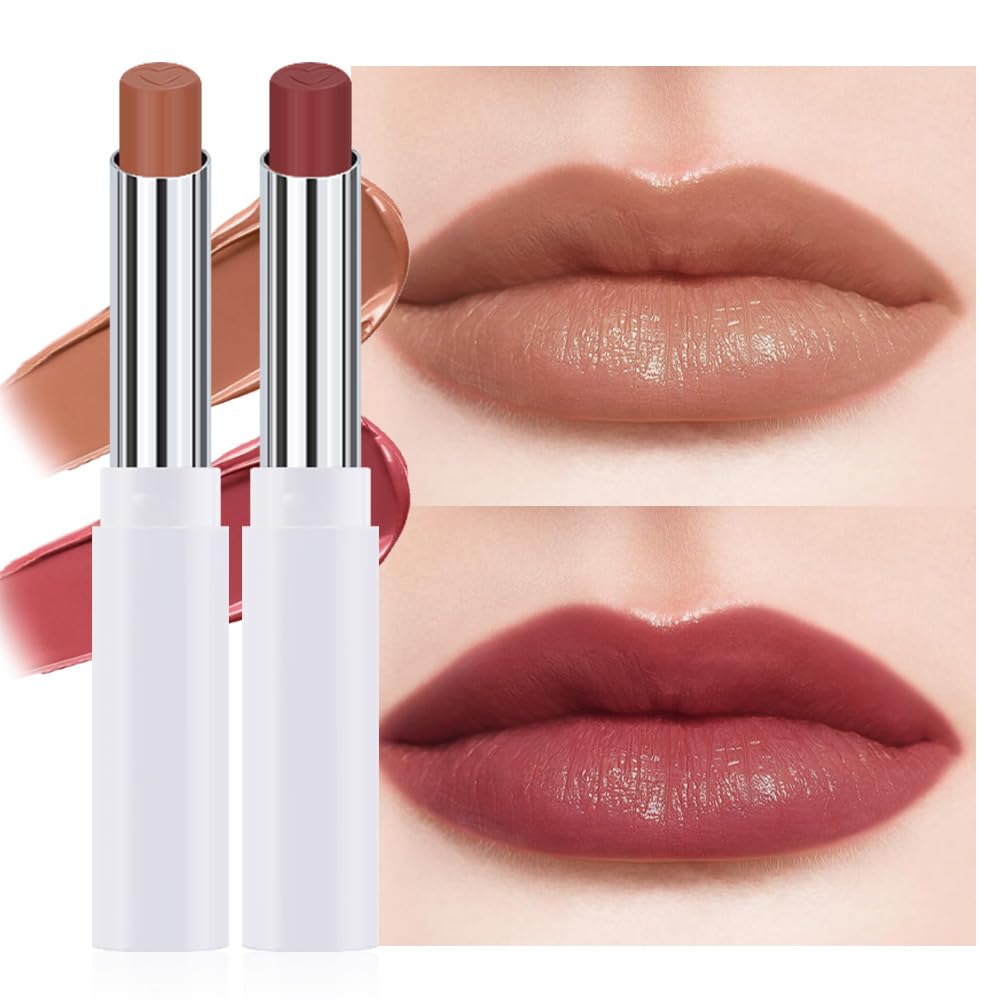 2Pcs Tinted Lip Balm Moisturizing Lipstick – Waterproof Hydrating Matte Lip Balm for Women,Creamy Natural Color Stain for Dry Lips,Soft Matte Finish (2# Cinnamon Nude Brown & 6# Vivid Rose Red)
