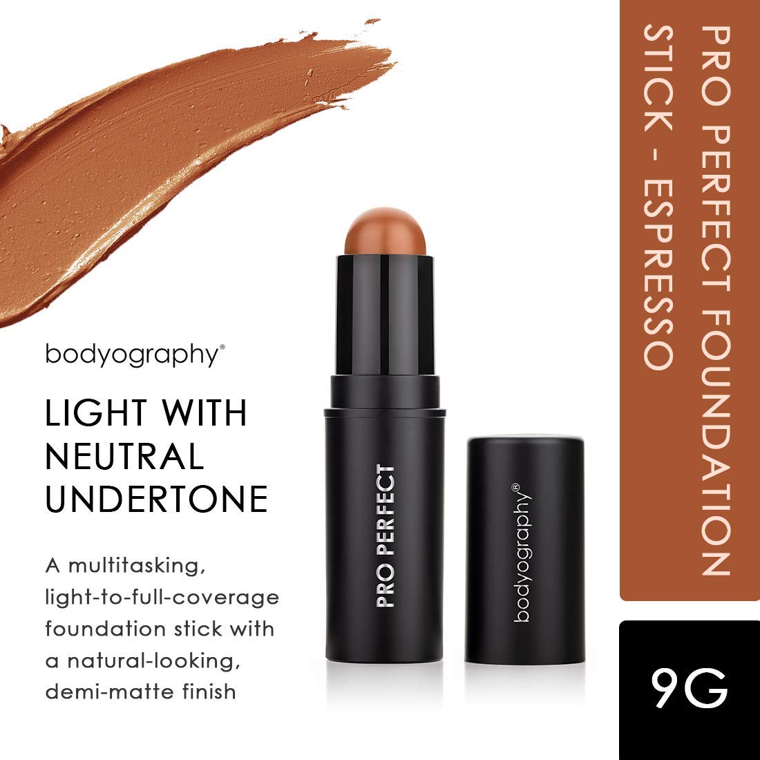 Bodyography Pro Perfect Foundation Stick - Demi-Matte Finish with A Natural Look - Enhancer for Concealing, Highlighting, and Contouring - Vitamin C & E (Espresso)