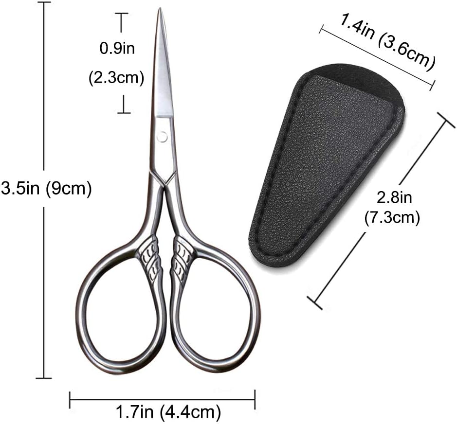 Small Precision Scissors, 3.5inch Stainless Steel Multi-Purpose Vintage Beauty Grooming Kit for Facial Hair, Eyebrow, Eyelash, Beard, Moustache with PU Sheath