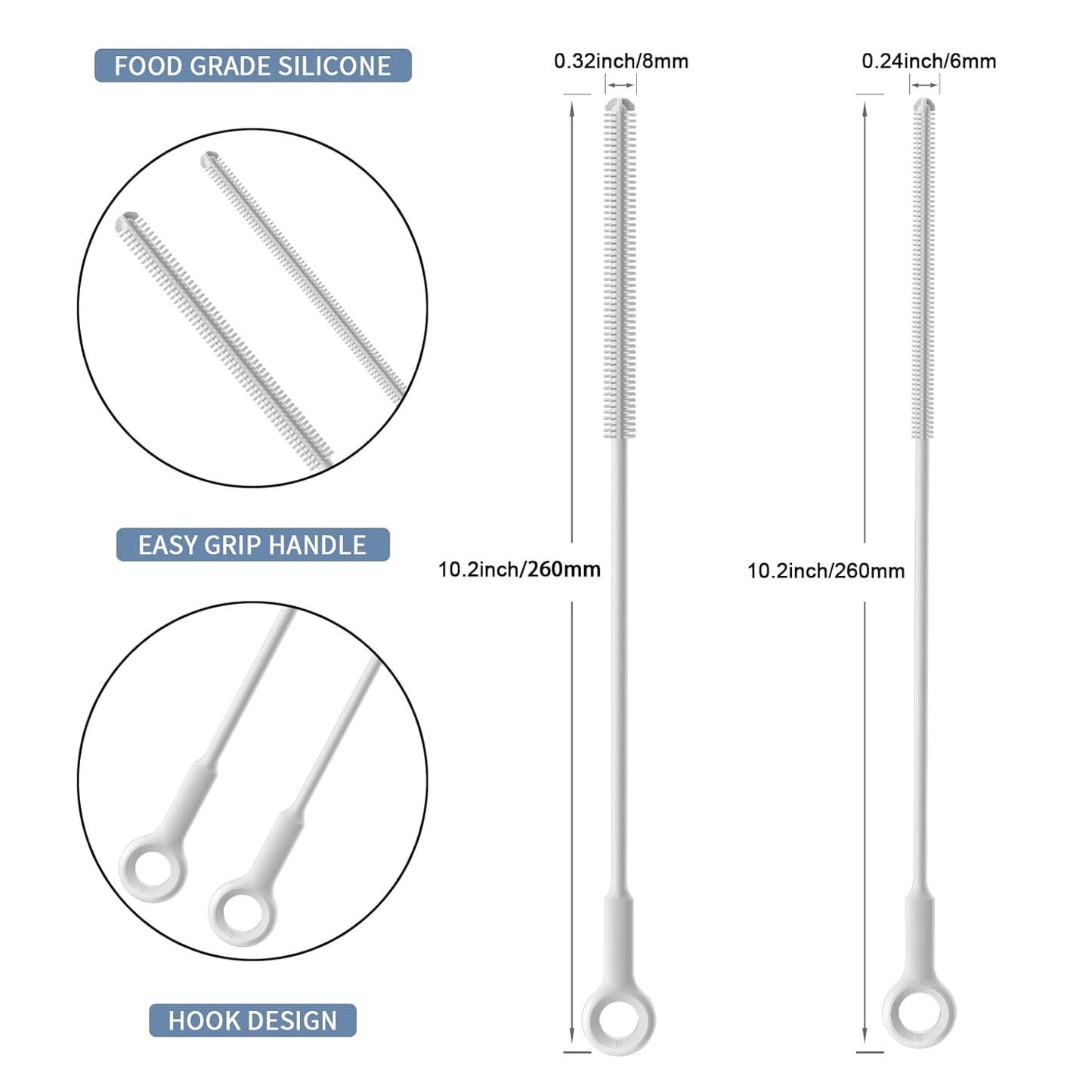 Reusable Silicone Straw Cleaner Brush Set, 2-Pack Extra Long Straw Cleaning Brush for Metal/Glass/Water Bottle/Drinking Straws, Flexible&Bendable Design, Dishwasher Safe, 6mm & 8mm Diameter