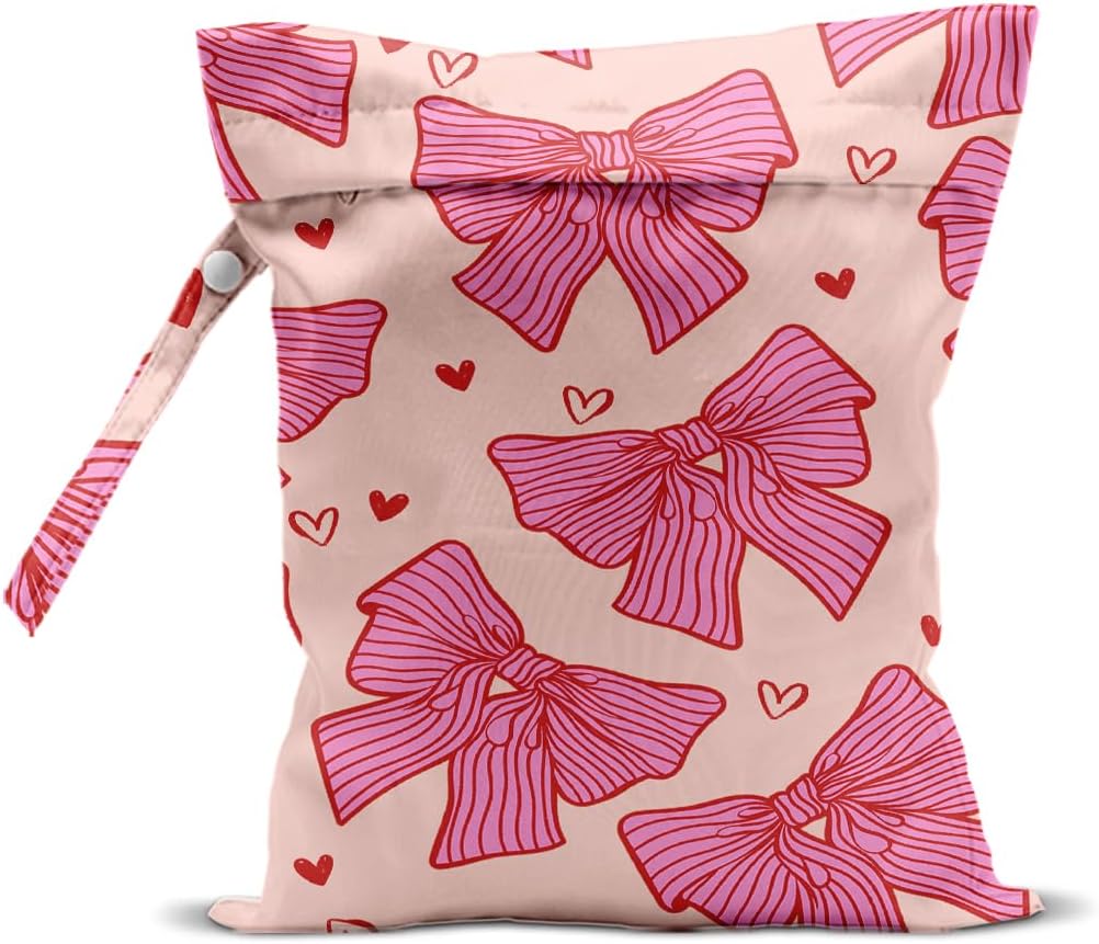 Pink Bow Wet Bags 12x10 Inch, Heart Waterproof Reusable Wet Dry Bags, Bow Tie Washable Travel Laundry Bag for Swimsuit Pool Beach Diapers Dirty Yoga Gym Clothes, Pink Gifts for Women Friend Travelers