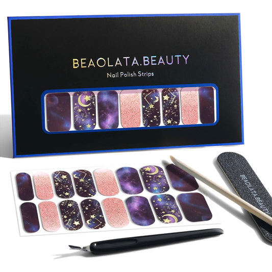 Nail Polish Strips, 32PCS Salon Quality Wraps, Long Lasting Gel Nail Stickers for Women Easy Apply& Remove (Stardust Purple Dream)