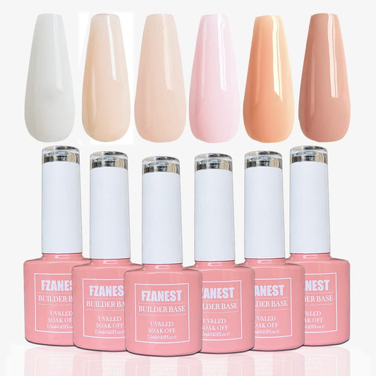 FZANEST Rubber Base Builder Gel for Nails Kit, 6pcs*7.5ml in a Bottle, Nail Strengthener Extension With Jelly Natural Nude Pink Colors, UV Soak Off Polish