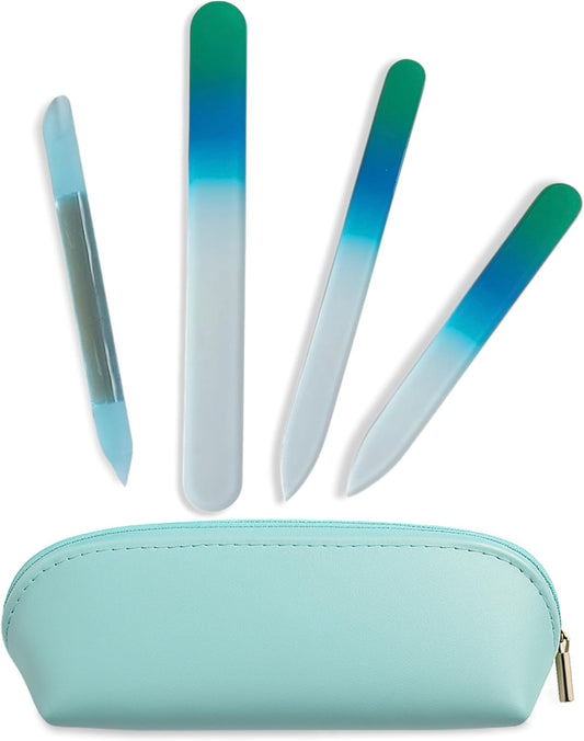 Alban Czech Glass Nail File Set with Manicure Stick & Vegan Leather Cosmetic Case (Green-Blue Nail Files, Light Blue Manicure Stick & Cosmetic Case)