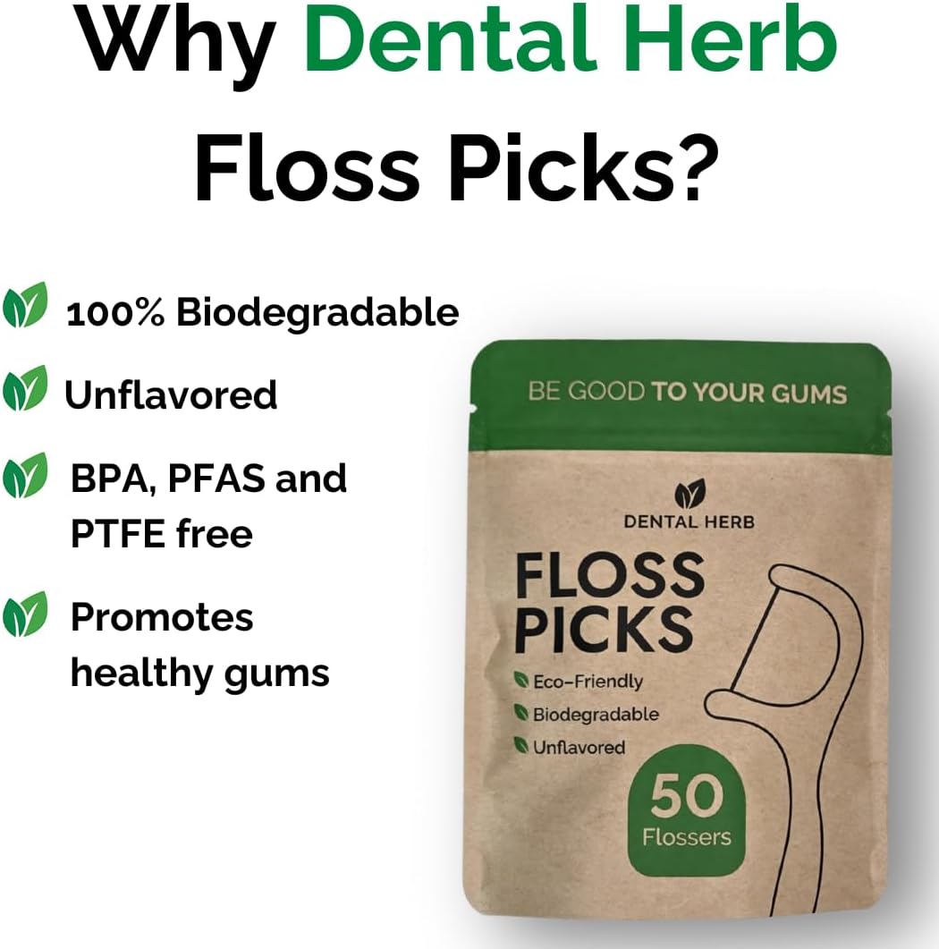 Dental Herb Company Biodegradable Dental Floss Picks, 200 Count (4×50) - Unflavoured, Plant-Based, Plastic-Free & BPA-Free Tooth Flossers, Vegan & Eco-Friendly Oral Care