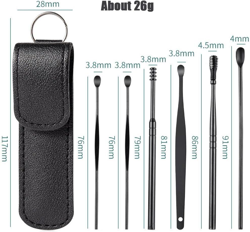 Spring Ear Cleaning Tool Kit - Contains 6 Pieces of Adult Spiral Ear Wax Remover, Ear Picker, Ear Wax Remover, Etc. -Ear Wax Removal Kit with Housing - Black