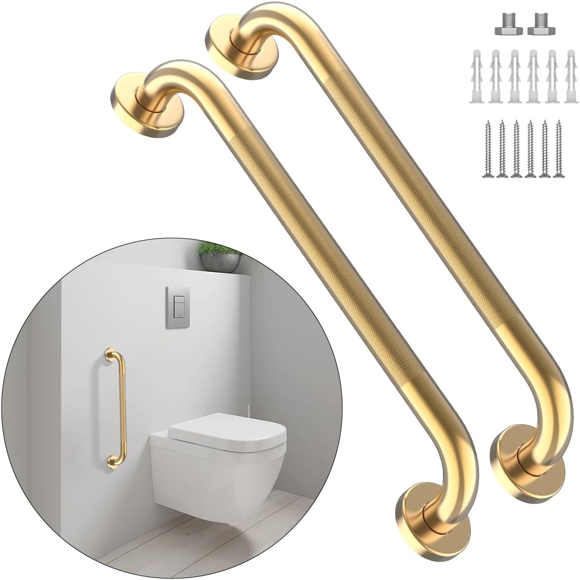 24 Inch Anti Slip Shower Grab Bar Gold, Munzong 2 Pack Bathroom Grab Bar, Knurled Bathroom Balance Bar,Safety Hand Rail Support Handicap Elderly Injury Senior Assist Bath Handle