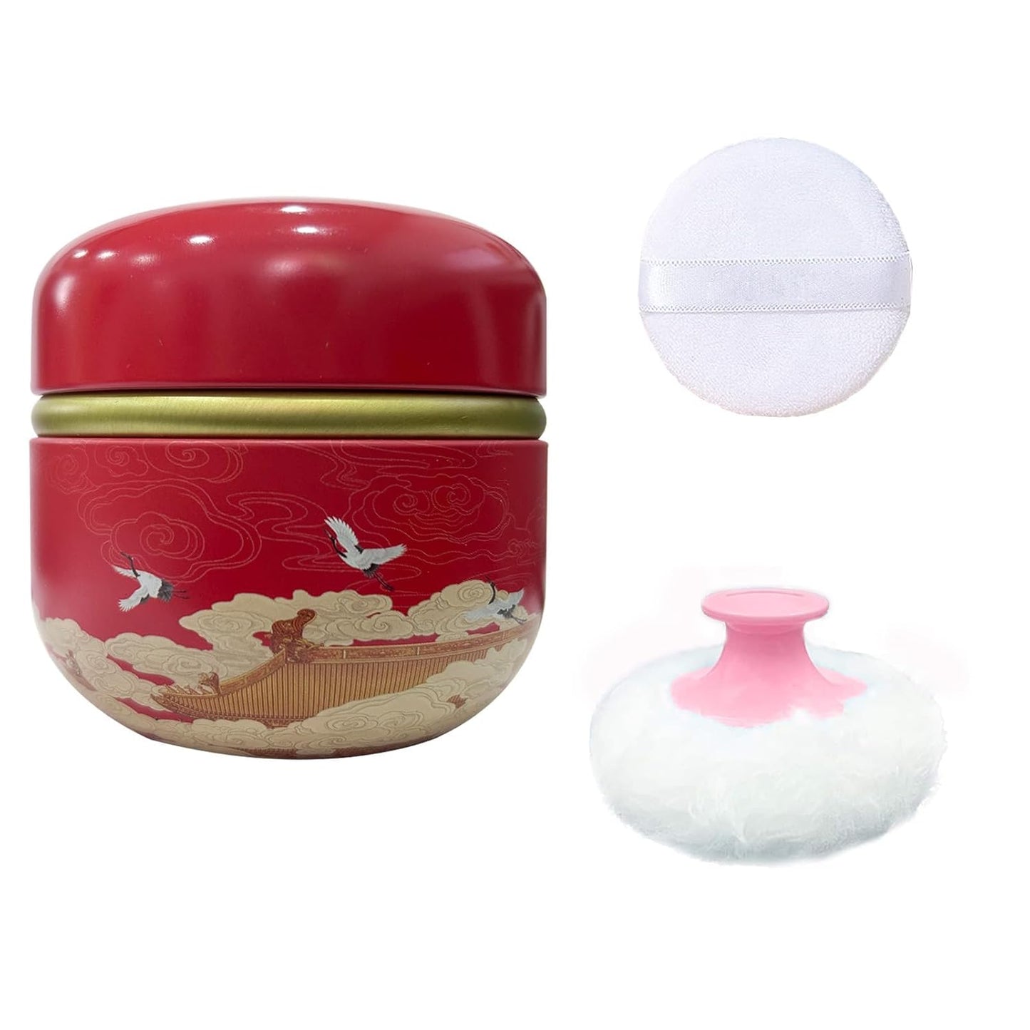 Body Powder Puff and Container for Dusting Powder, Women Powder Puff and Powder Case for Bath and Travel (Crane Red)