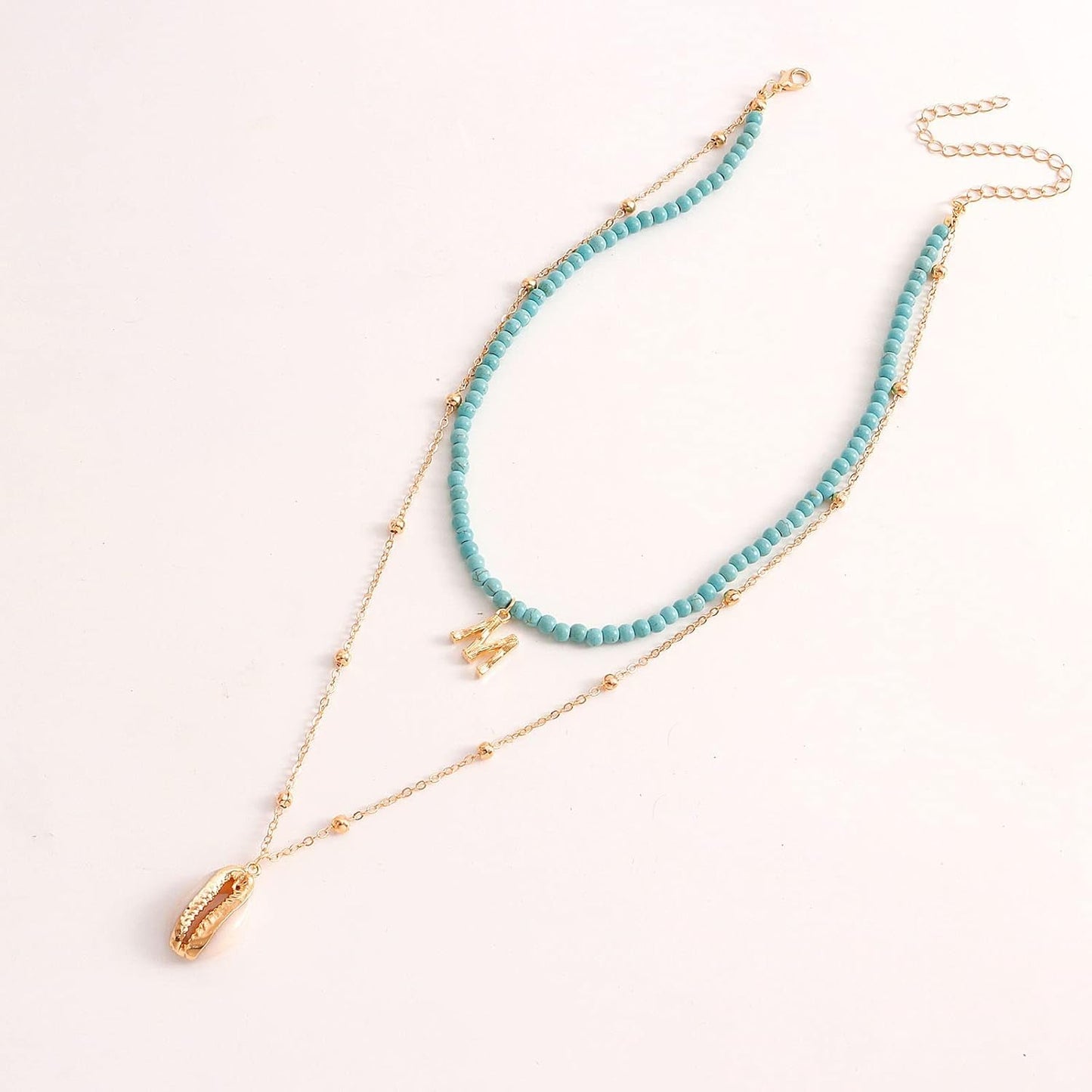 Bohemia Turquoise Beaded Choker Necklace Layered Shell Pendant Necklace Gold Letter Clavicle Necklace Double Layer Satellite Chain Necklace Jewelry for Women and Girls