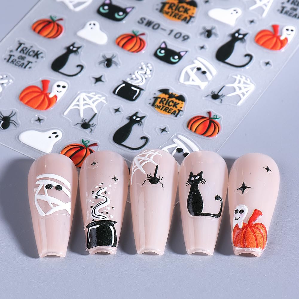 4 Sheets Halloween Nail Stickers for Nail Art Scary Black Cat Mummy Spider Web Nail Art Stickers 5D Spider Pumpkin Nail Decals Self-Adhesive Ghost Skeleton Nail Supplies for Women Nails Decoration