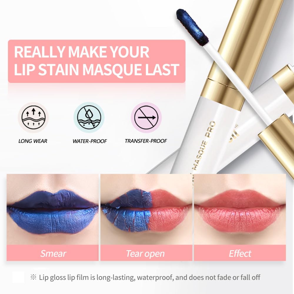 Lip Stain Peel Off Set–Long Lasting Waterproof Lip Tint, Smudge Proof Transfer Resistant Lip Stains Tattoo,High Pigment Matte Lip Color, Kiss Proof Peel Off Lip Stain Masque, Stay Lip Makeup 01+04