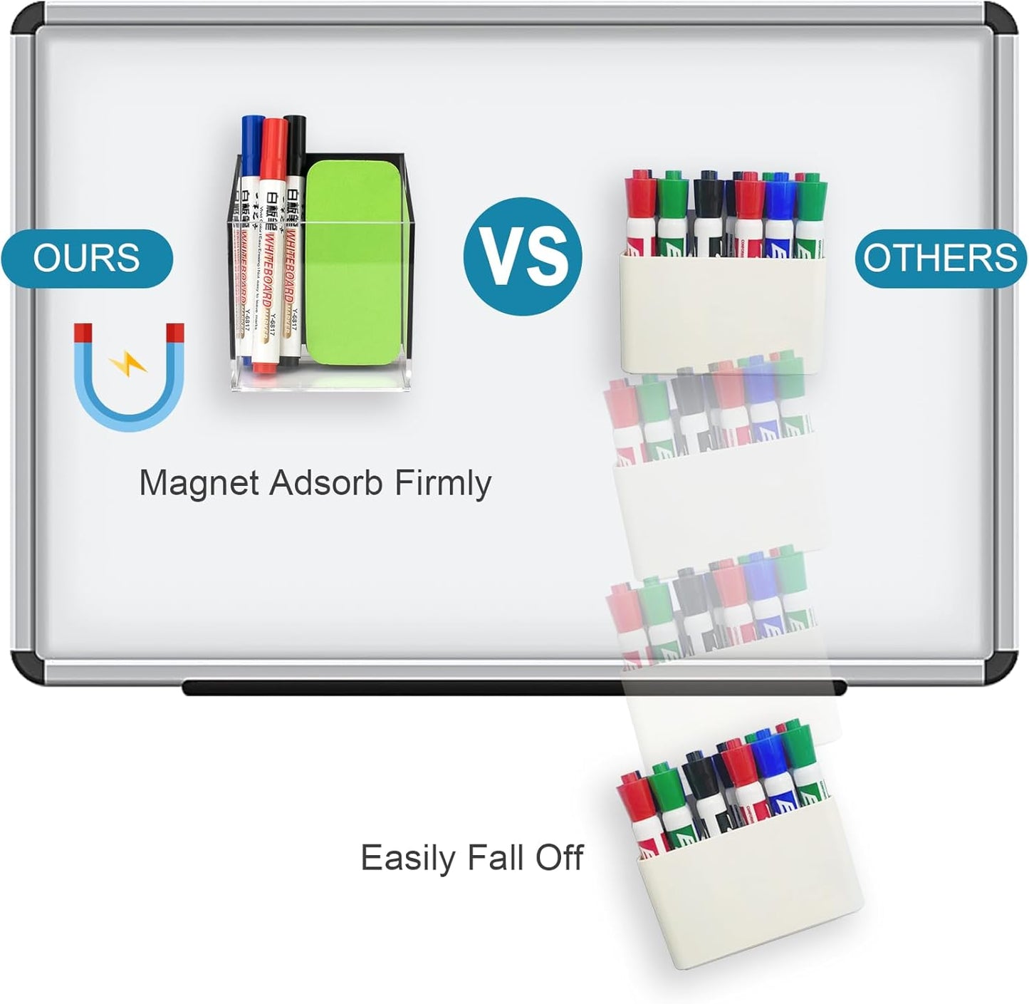 Magnetic Pen Holder, Acrylic Dry Erase Marker Holder, Large Capacity Pencil Holder for Whiteboards, Fridge, Lockers Office School Supplies (Clear & 1 Compartments)