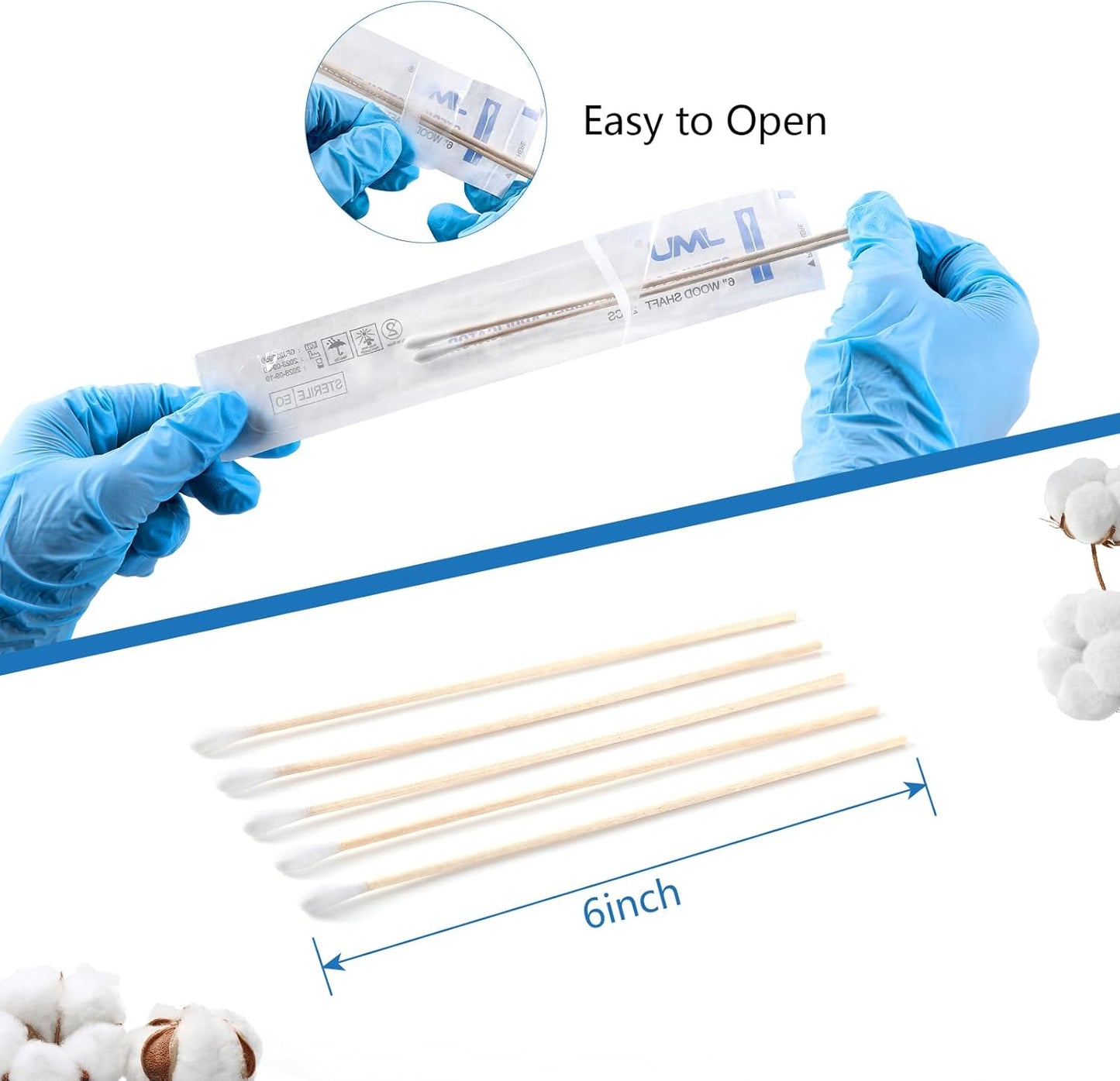 JMU 6 Inch Sterile Cotton Tipped Applicators, 200 Count Long Cotton Swabs, Wood Shaft Medical Swabs