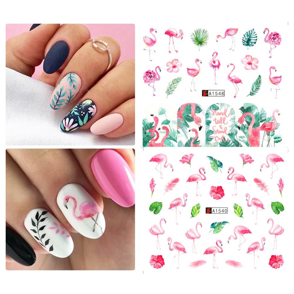 12 Sheet Flamingo Nail Art Stickers Cute Flamingo Green Leaf Design Water Transfer Nail Decals Summer Nail Art Decorations Waterproof Acrylic Nail Stickers for Women DIY Manicure Tips