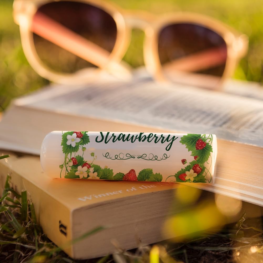 OLYCRAFT 100Pcs Self-Adhesive Lip Balm Tag Stickers 2.1x1.7 inch Waterproof Adhesive Label with Strawberry Rectangle Lipstick Tag Sticker for Lip Balm Container Tubes Lipstick Wrapping Decoration