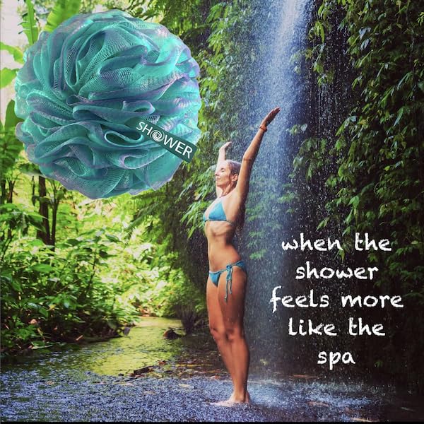 SHOWER BOUQUET 2-Sided-Loofah-Back-Scrubber & Bath-Sponge Set // 1-Long-Handle-Back-Brush Plus 2-Extra-Large 75g Soft Mesh Poufs, Men & Women - Exfoliate with Full Pure Cleanse in Bathing Accessories