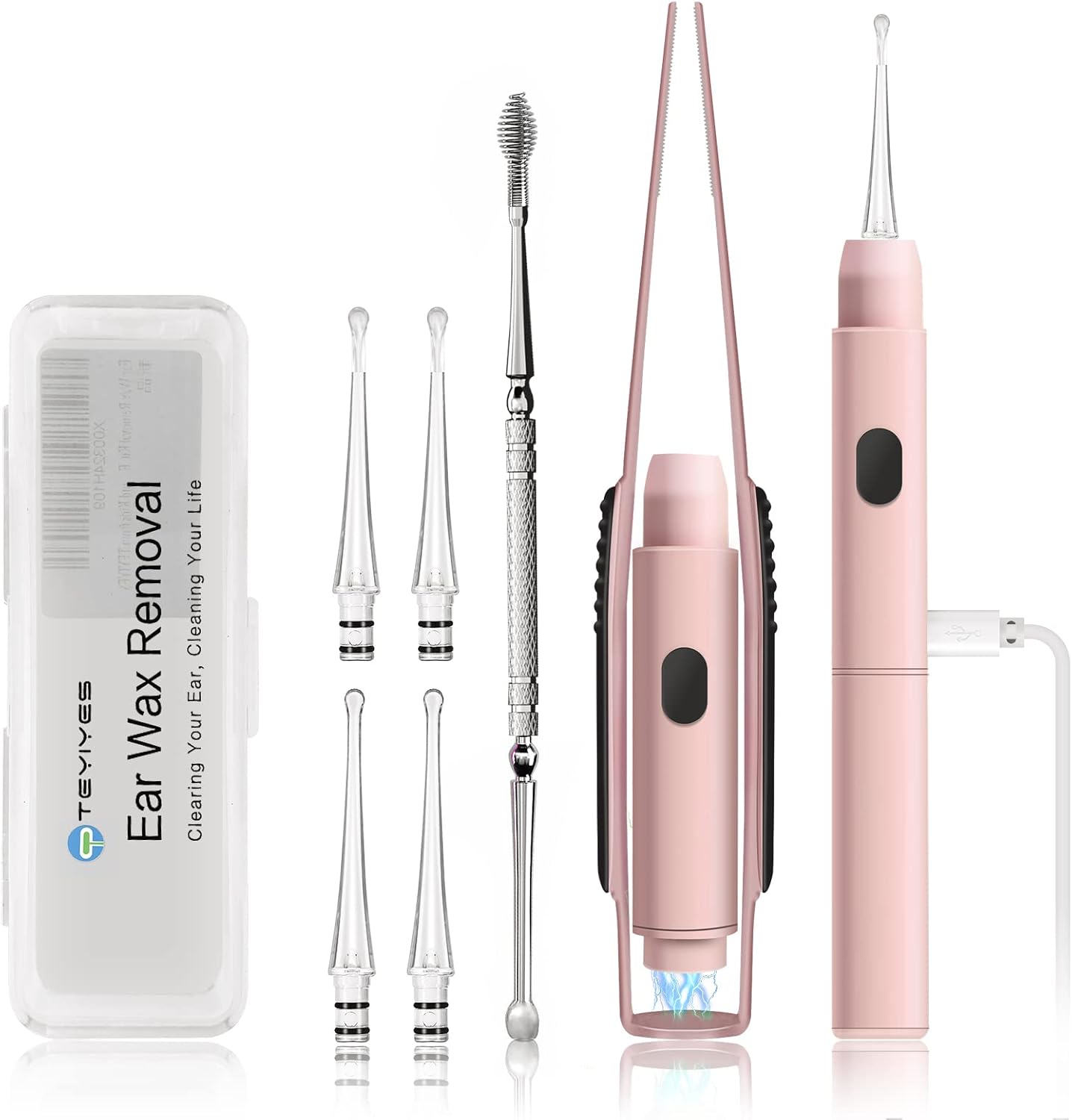 Ear Wax Removal with Light, Earwax Removal Kit Upgraded All in One Rechargeable Ear Cleaning Kit with Light/Ear Pick Digger/Ear Tweezers/Spiral Spring Ear Spoon for Adults Kids and Pets (Pack of 7)