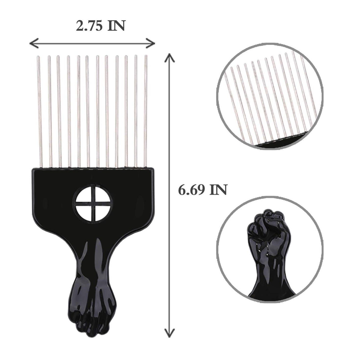 6Pcs Afro Picks Metal Hair Combs, Steel Teeth Hair Pick for Curly, Coily, Natural Hair, Detangling, Styling Comb for Men Women (Black)