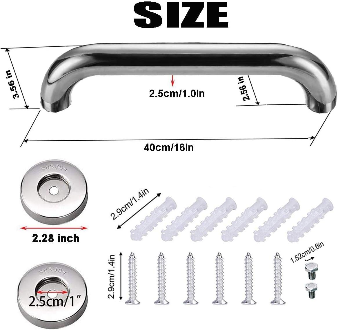16 Inch Stainless Steel Shower Grab Bar 2 Pack, Munzong Balance Handrail Shower Bar - Bathroom, Bathtub Mounted Safety Hand Support Rail, Handicap, Elderly, Disabled, Injury, Senior Assist Bath Handle