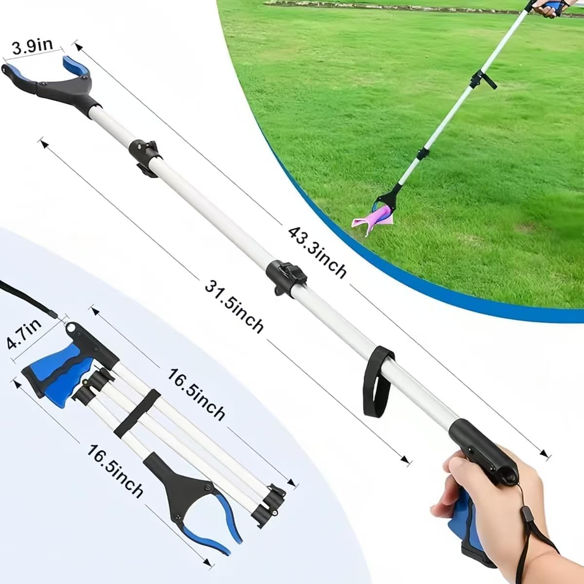 2-Pack Grabber Reacher Tool, 43 Inch Extra Long Steel Foldable Pick Up Stick with Strong Grip Magnetic,Trash Claw Grabber Tool, Hand Grabber for Reaching, Arm Extension (Blue)