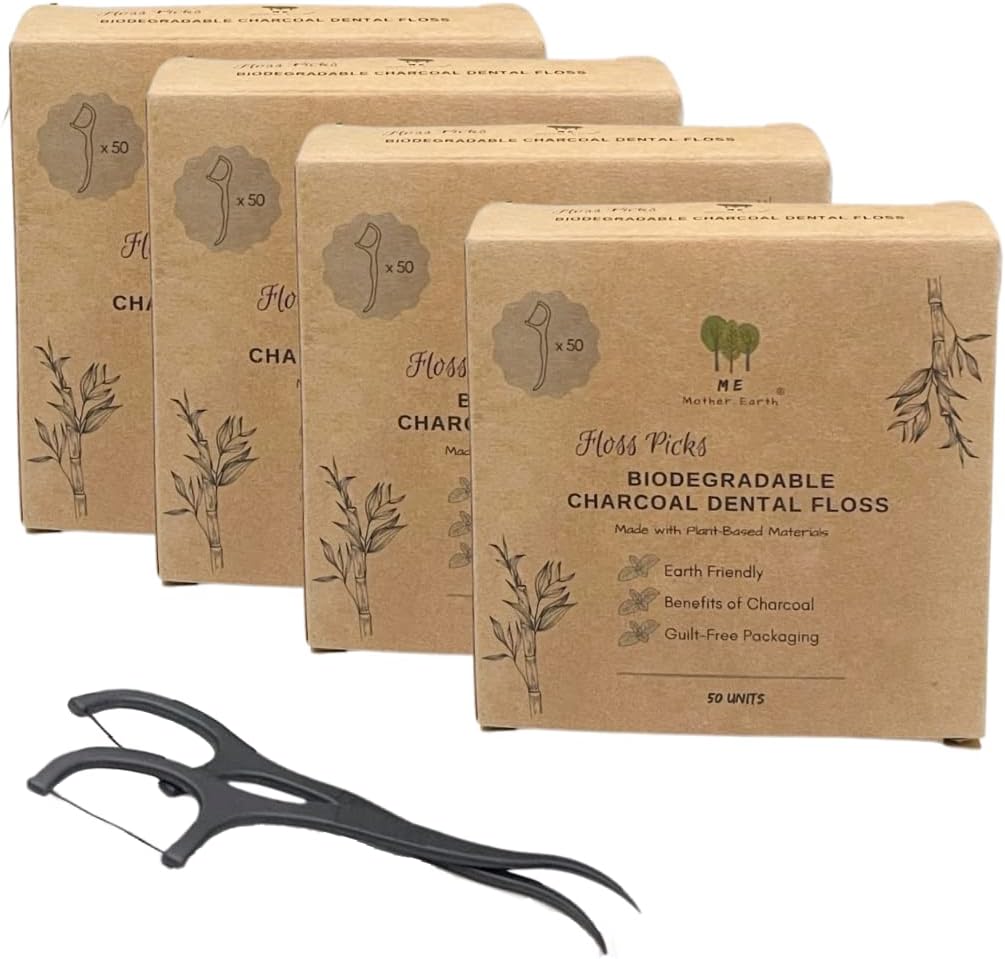 Me Mother Earth Vegan Biodegradable Dental Floss Picks (200 Count) - Natural | Sustainable | Eco-Friendly | Charcoal Dental Flossers for a Zero Waste Oral Care (3 Inch)