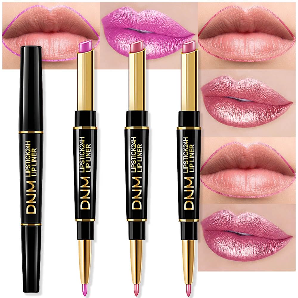 evpct 3Pcs Nude Pink Rose Red Metallic Shine Shimmer Lip Liner and Lipstick Combo Set Kit for Women, Lightweight Hydrating Formula High Impact Full Coverage Lipstick and Lip Liner Makeup Gloss