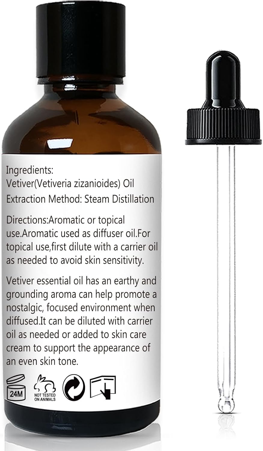 Vetiver Essential Oil 1 Oz - 100% Pure & Natural Vetiver Oil for Diffuser, Aromatherapy, Skin, Hair, Massage, Relaxing Scent