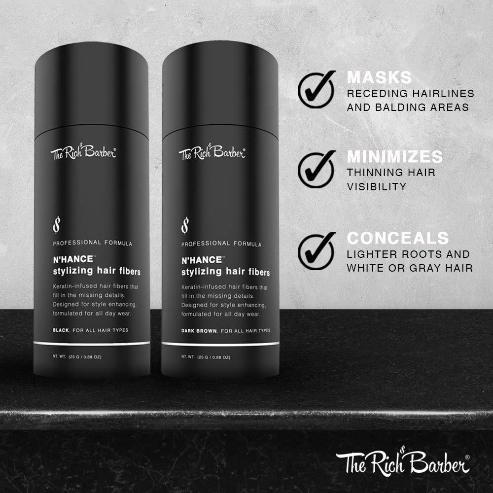 The Rich Barber N’Hance Hair Building Fibers, 3 Month Supply - Barber Hair Thickening Fibers, 25 grams - Grey Hair Concealer Spray - Sharper Hairlines, Thicker Beard & Fuller Hairstyling (Dark Brown)