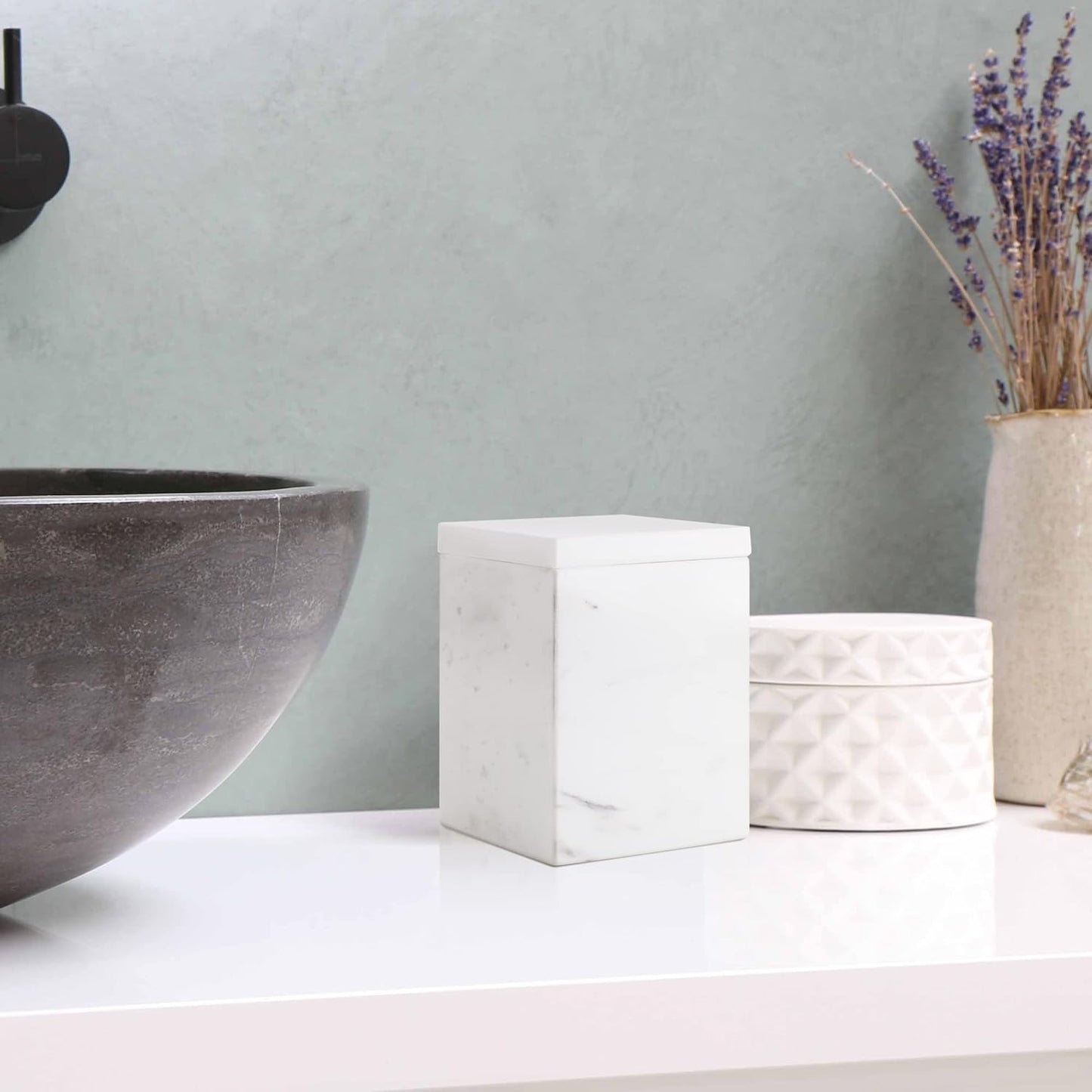 WORHE Marble Canister Natural Stone Qtip Holder with Lid Square Bathroom Vanity Organizer for Makeup Sponge Coffee Bean Dispenser Storage Jar Case for Home Decor White (DLW201)