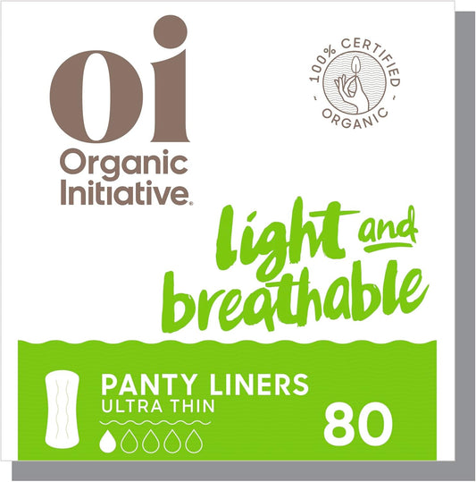 Oi l Organic Initiative - Ultra-Thin Pantyliner, 100% Certified Organic Cotton | Biodegradable, Free from Chlorine Bleaching, Pesticides, Toxic Chemicals | 80 Liners