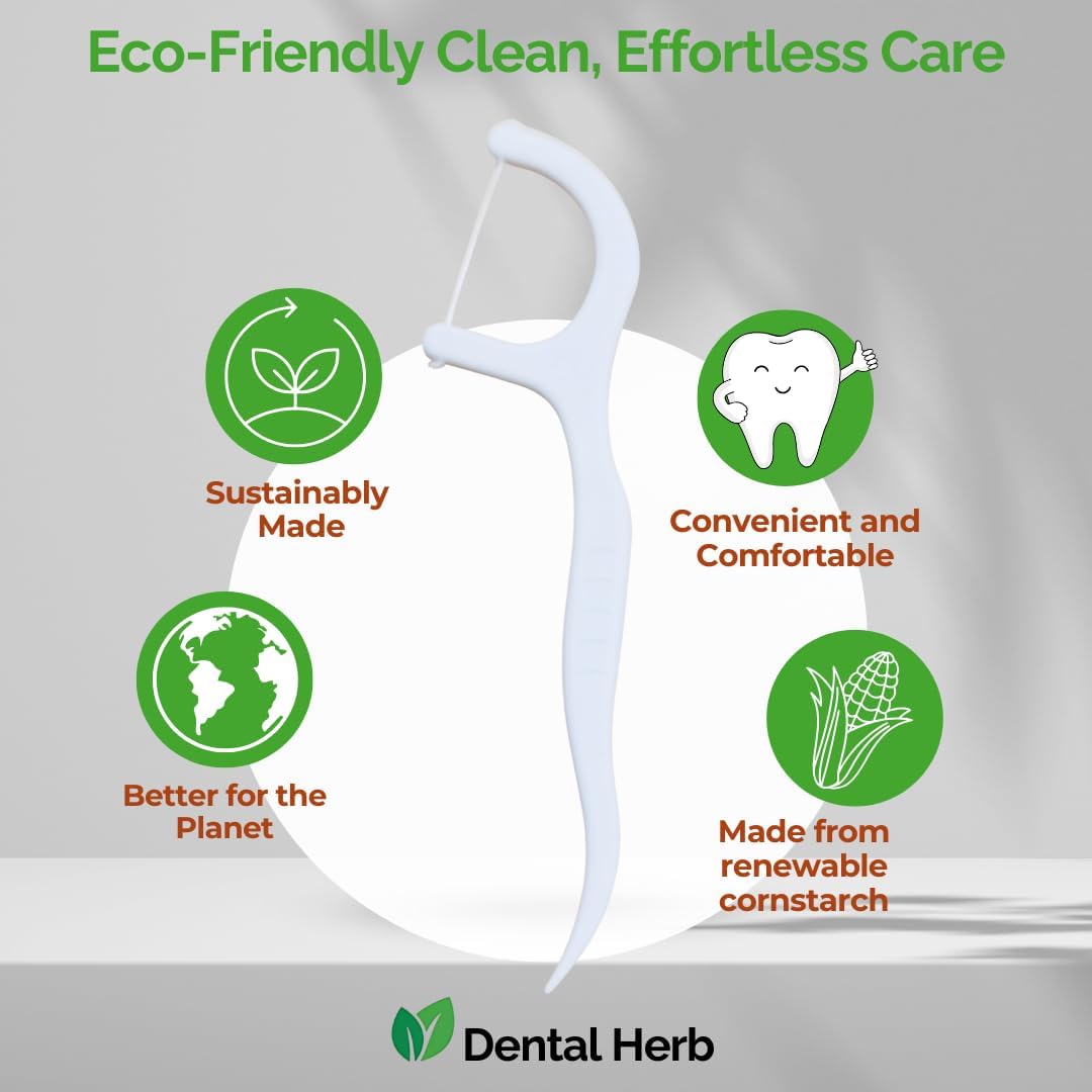 Dental Herb Company Biodegradable Dental Floss Picks, 200 Count (4×50) - Unflavoured, Plant-Based, Plastic-Free & BPA-Free Tooth Flossers, Vegan & Eco-Friendly Oral Care