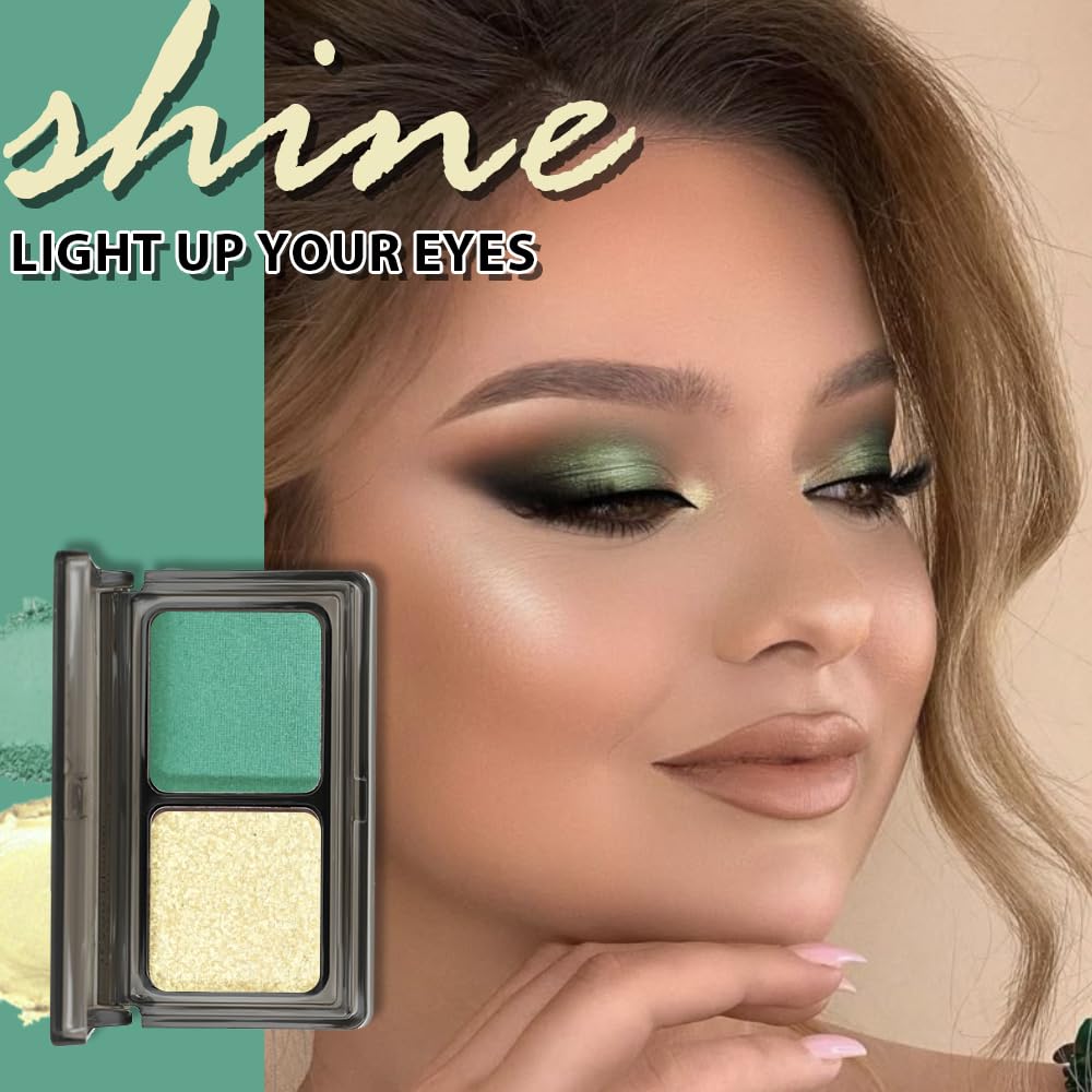 Golden Green Two Color Matte Shimmer Glitter Eyeshadow Palette,Eye Shadow Powder Professional Long-Lasting Waterproof Makeup Palette,Easy-To-Apply and Compact for Travel,Vegan & Cruelty-Free