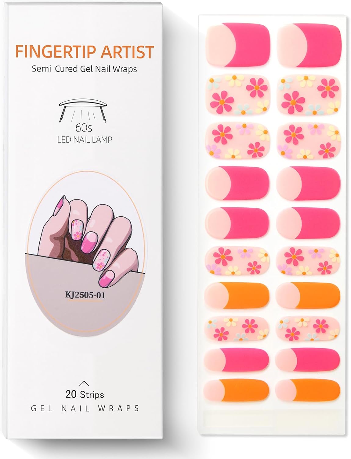 Semi Cured Gel Nail Strips French Tip Nail Stickers with Flower Designs Cute Glossy Gel Stickers Salon Quality & Easy to Use Need UV/LED Light for Women 20 Pcs