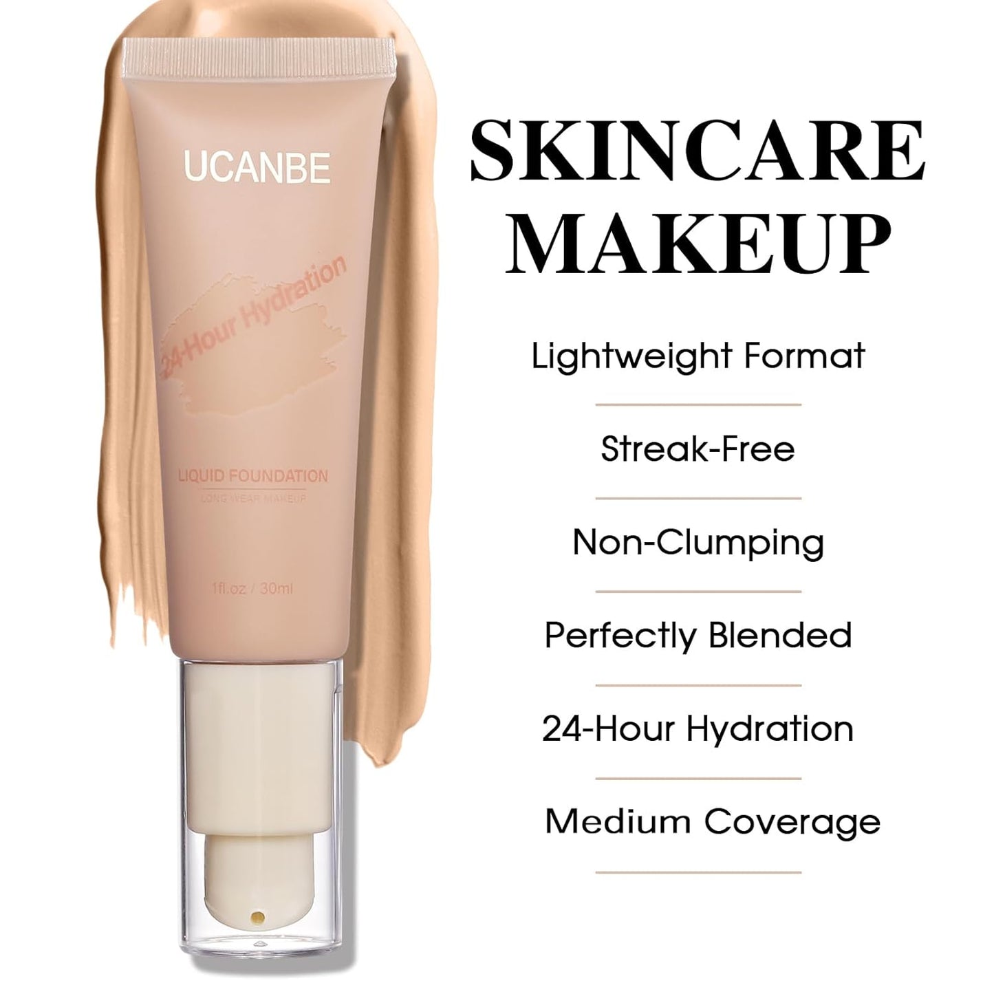 UCANBE Matte Liquid Foundation Makeup, Medium to Full Coverage Waterproof Longwear Serum Cream Foundation for Combination & Oily Mature Skin, Lightweight Hydrating Nourishing, Classic Ivory, 1 fl. oz.