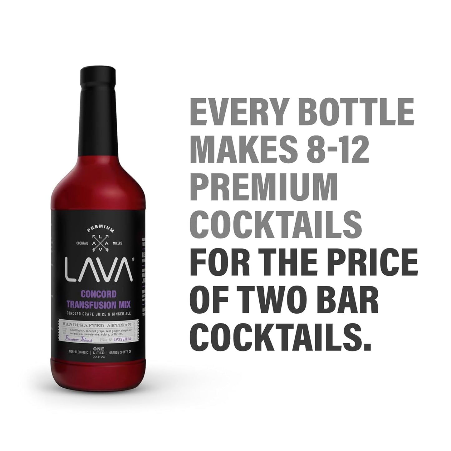 LAVA Premium Concord Transfusion Mix made with concord grape juice, real ginger, ginger ale, no artificial sweeteners, 1-Liter (33.8oz) Glass Bottle, Ready to Use