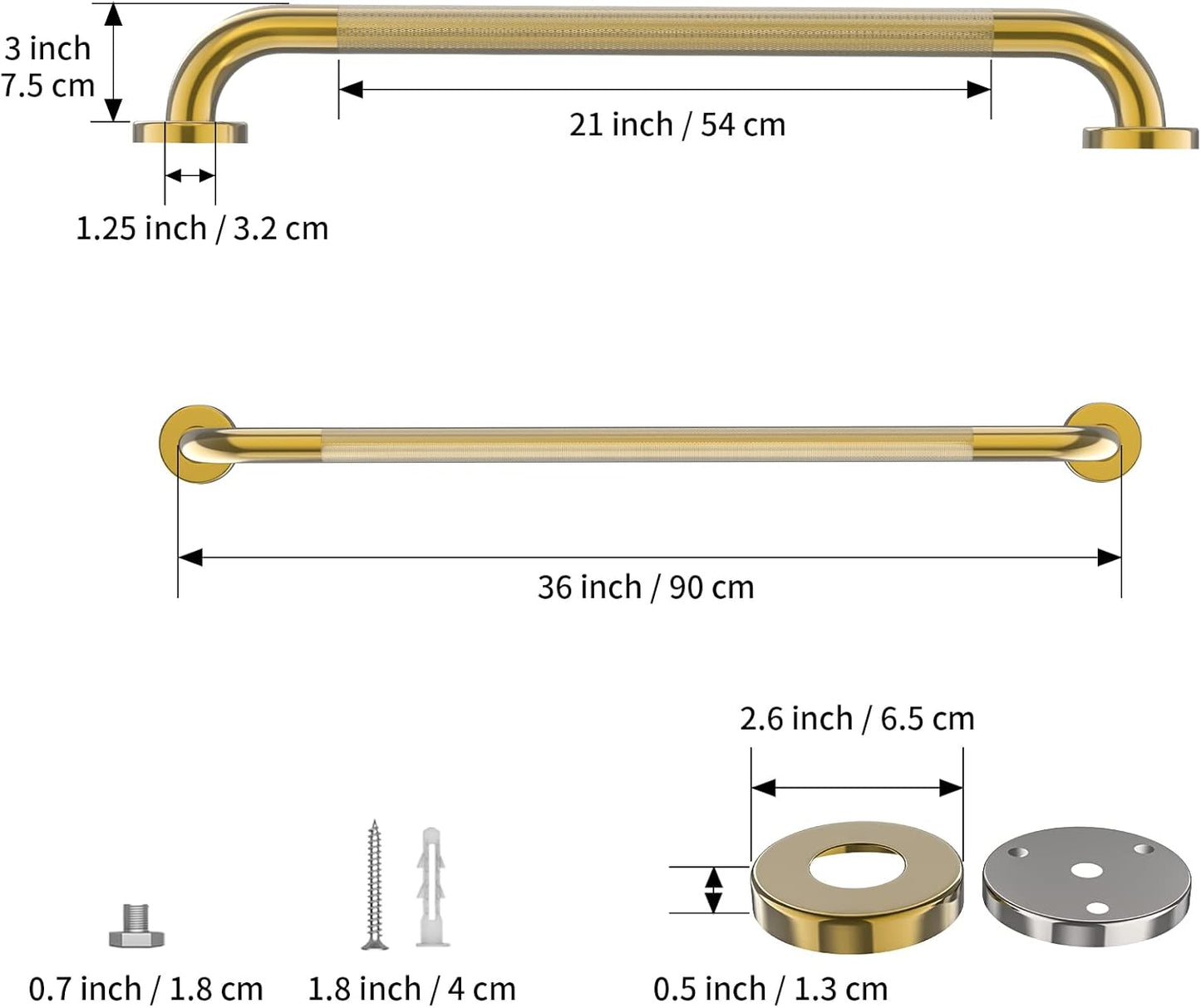 Gold Shower Grab Bar w/Anti-Slip Knurled Grip 36 Inch, Zepolu Wall Mounted Stainless Steel Bath Grab Bar,Safety Balanced Handrail, Handicap Injury Elderly Senior Assist Support Textured Handle