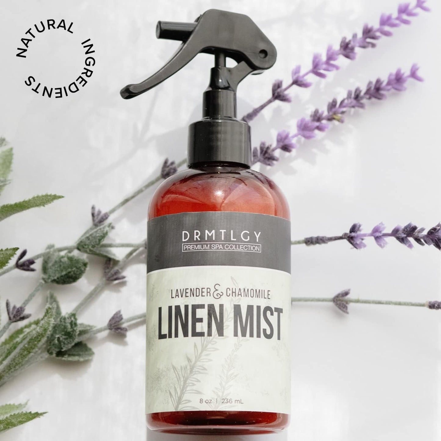 DRMTLGY Natural Lavender Linen Mist and Room Spray. Pure Lavender Essential Oil and Chamomile Pillow Spray, and Fabric Aromatherapy Spray, 8 oz