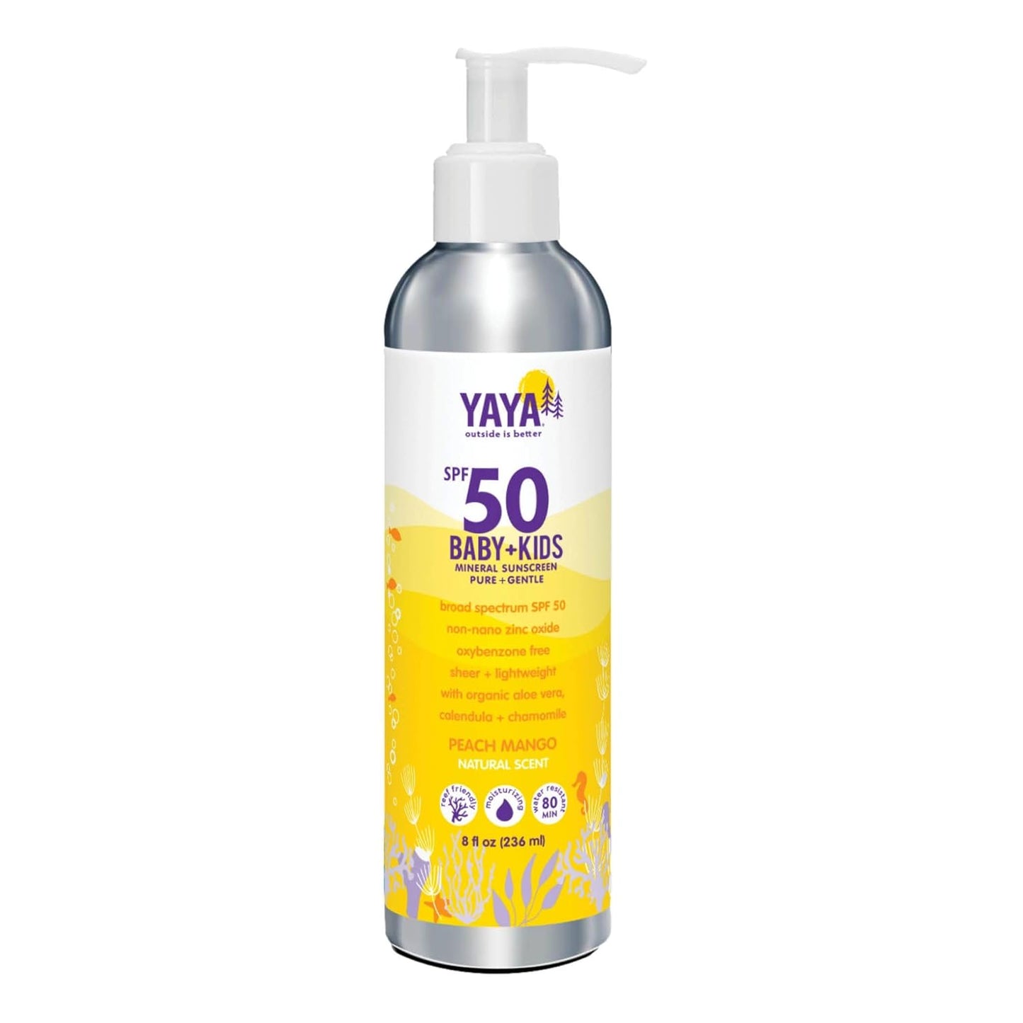 YAYA ORGANICS Baby + Kids Mineral Sunscreen Lotion, SPF 50, Reef-Friendly, Non-Nano Zinc Oxide, Water-Resistant, Hypoallergenic, Pure + Gentle for delicate skin, 8 oz